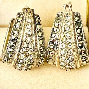 VTG bali style 925 sterling silver Hoop Earrings Marcasite Rhinestone Thailand